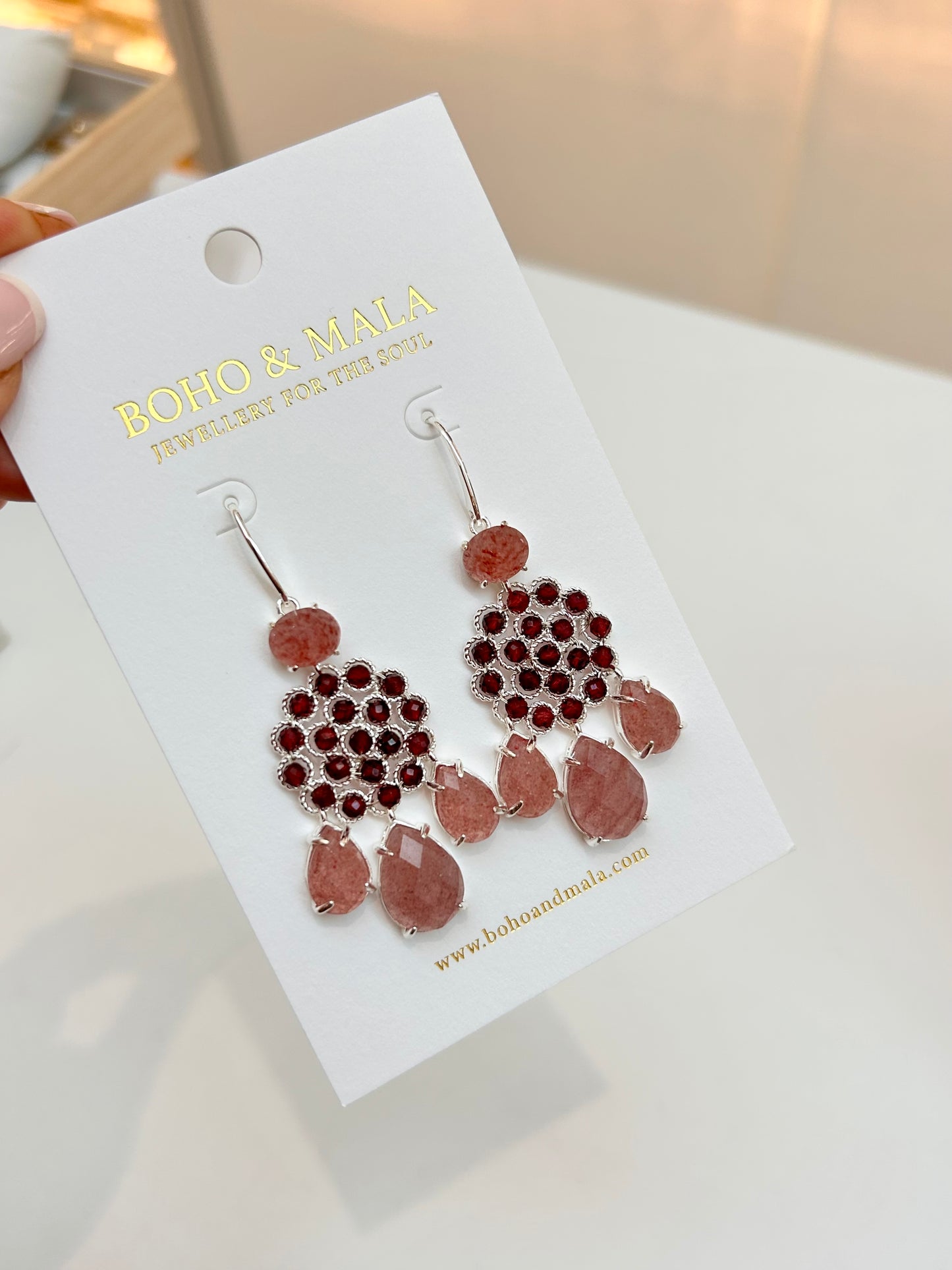 
                  
                    Soleya Silver Strawberry Quartz – Genuine Gemstone Statement Drop Earrings
                  
                