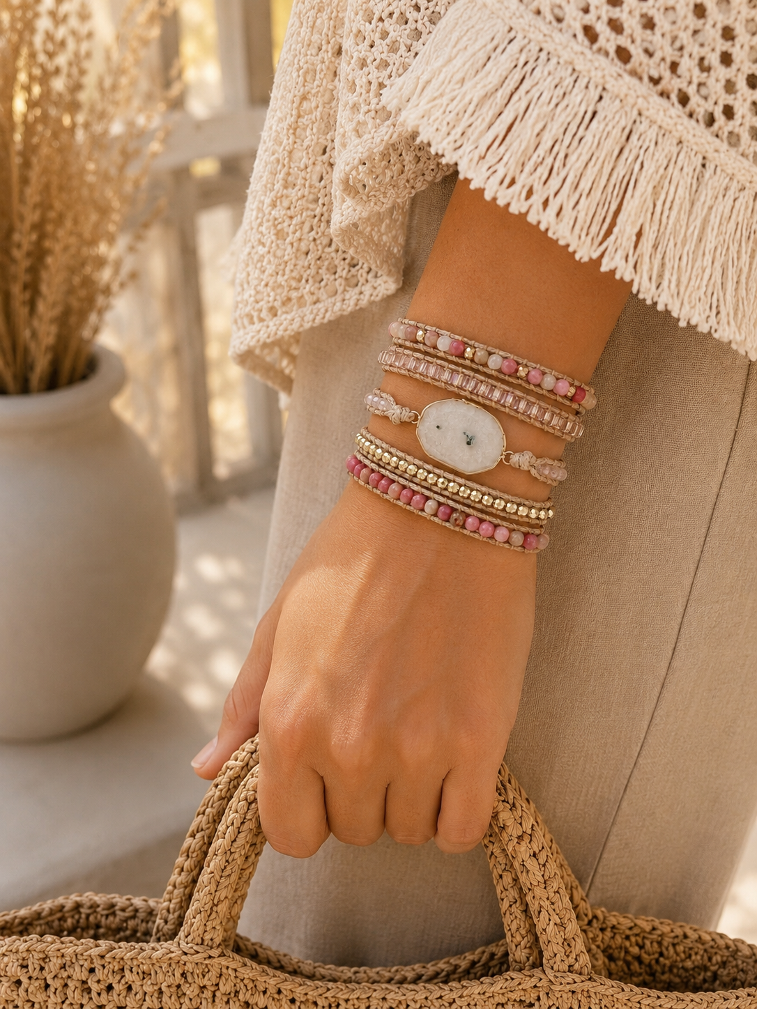 
                  
                    Handmade White Agate & Rhodonite Mixed Natural Stone Wrap Bracelet
                  
                