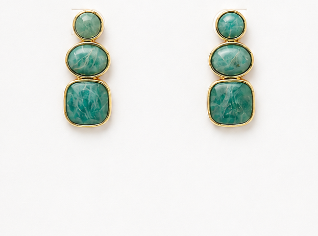 A pair of gold drop earrings featuring three stacked oval and rectangular amazonite stone with a marbled pattern, set against a plain white background.