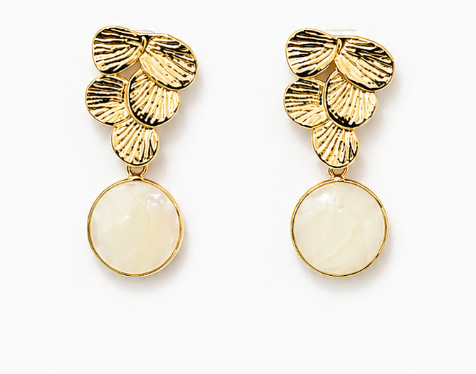 Gold earrings on a BOHO & MALA branded card with a white background