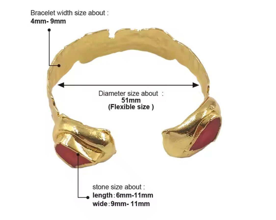 
                  
                    Gold-colored adjustable ring with red coral, annotated with size measurements including width 4mm-9mm, diameter 51mm, and stone size 6mm-11mm width 9mm-11mm on a white background.
                  
                