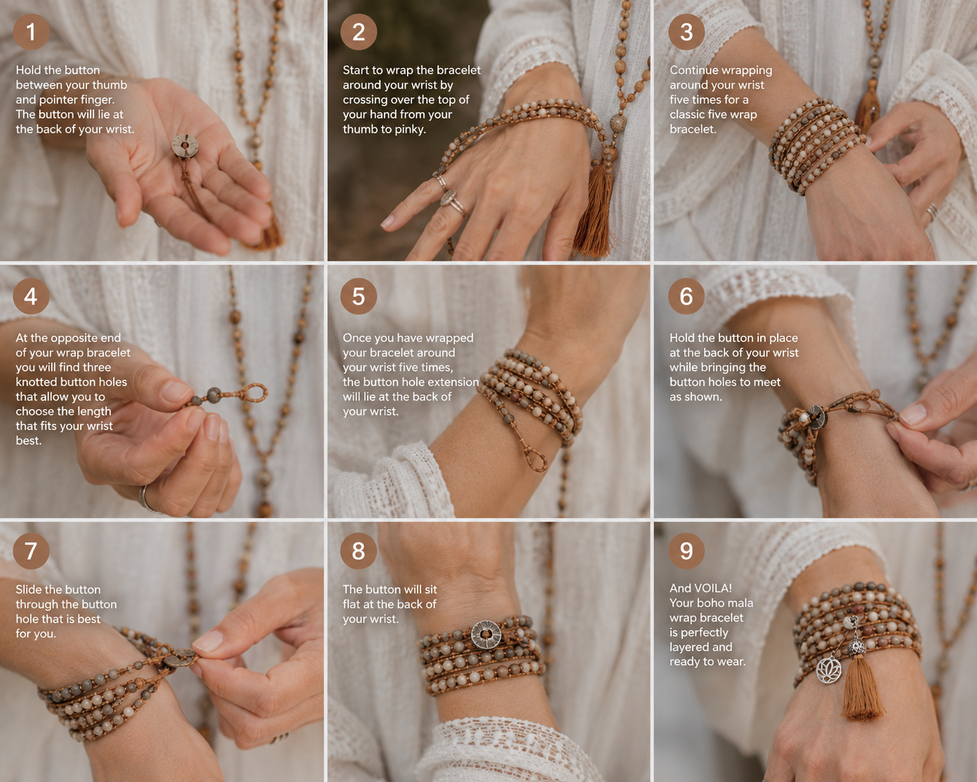 Step-by-step guide on how to wear a beaded wrap bracelet with button closure.