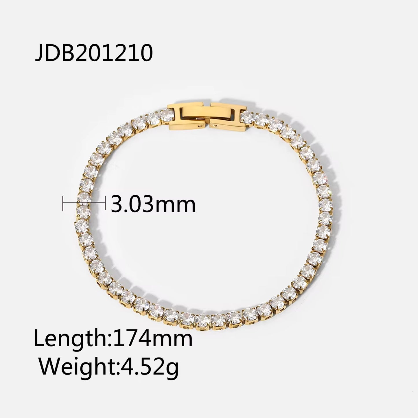 A gold tennis-style bracelet with clear rhinestones, shown on a light gray background with printed text indicating model number JDB201210, width 3.03mm, length 174mm, and weight 4.
