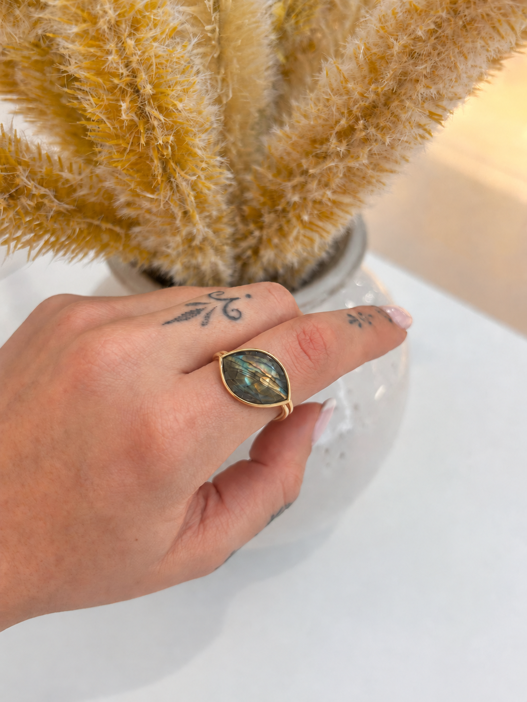 Aylin Labradorite Eye Ring close-up showing the natural marquise Labradorite stone