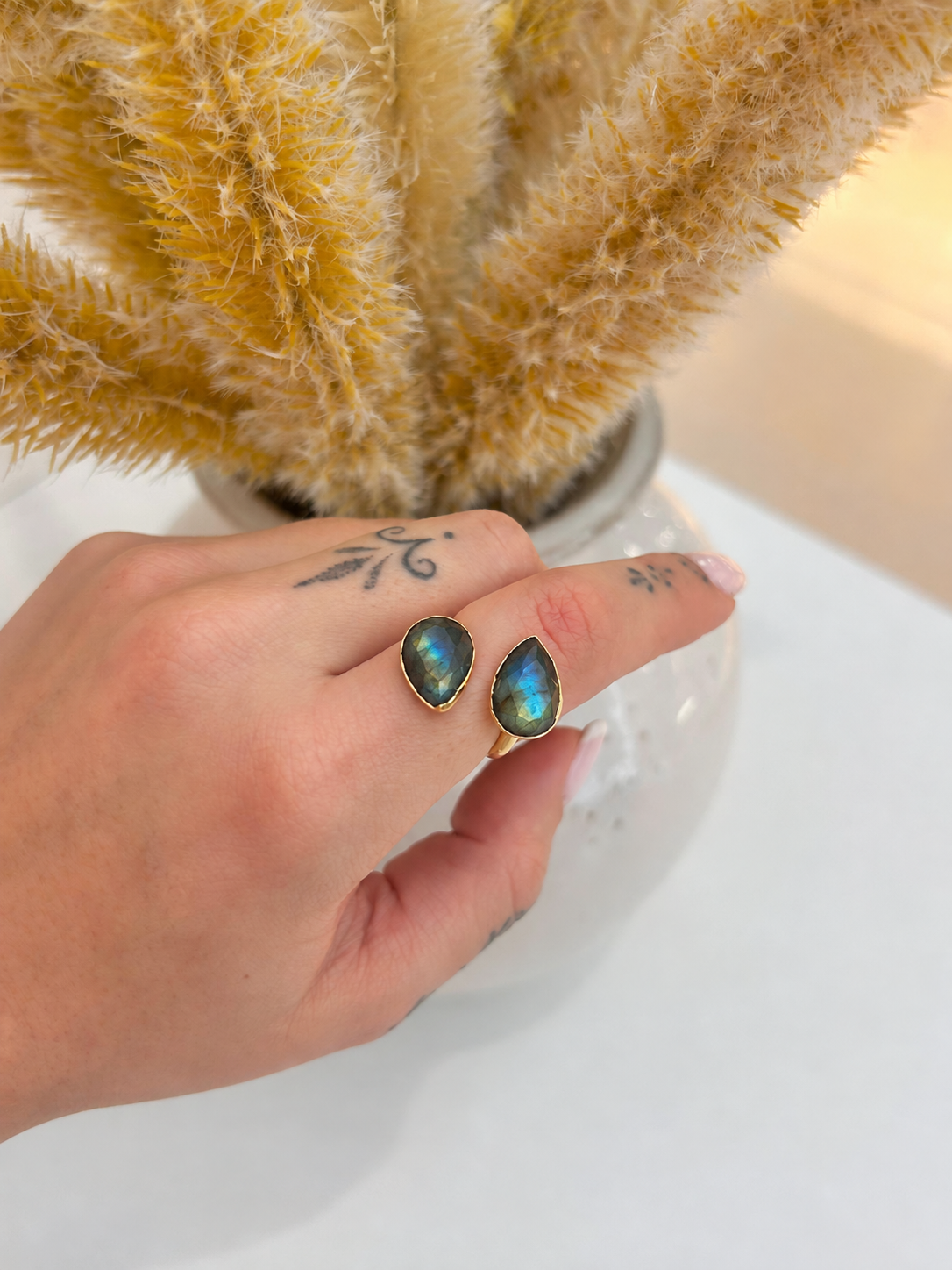 Esme Labradorite Adjustable Ring close-up showing two natural teardrop Labradorite stones