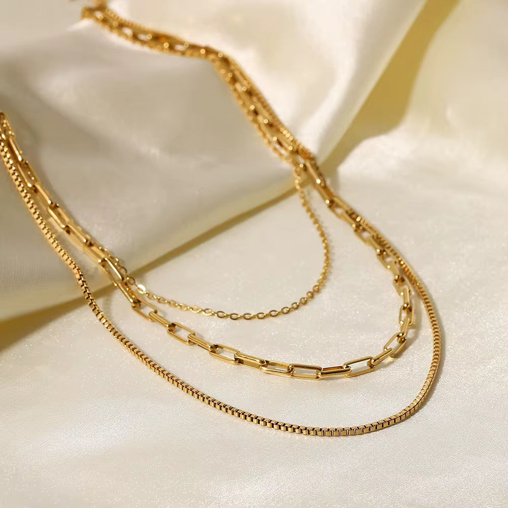
                  
                    Amara Triple Layer Chain Necklace – Waterproof Gold-Plated Stainless Steel
                  
                