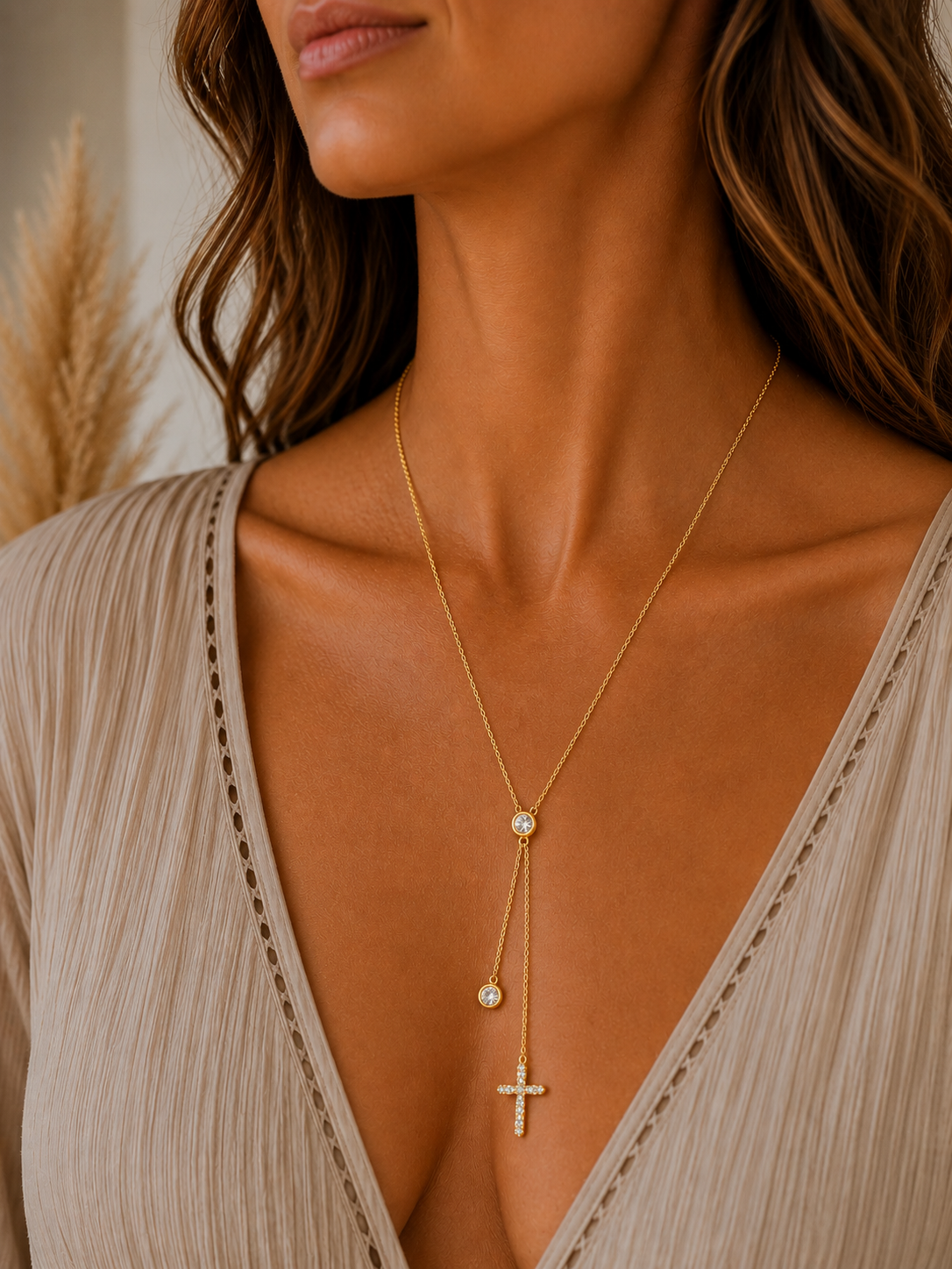 
                  
                    Celeste Crystal Cross Lariat Necklace – Waterproof Gold Necklace
                  
                