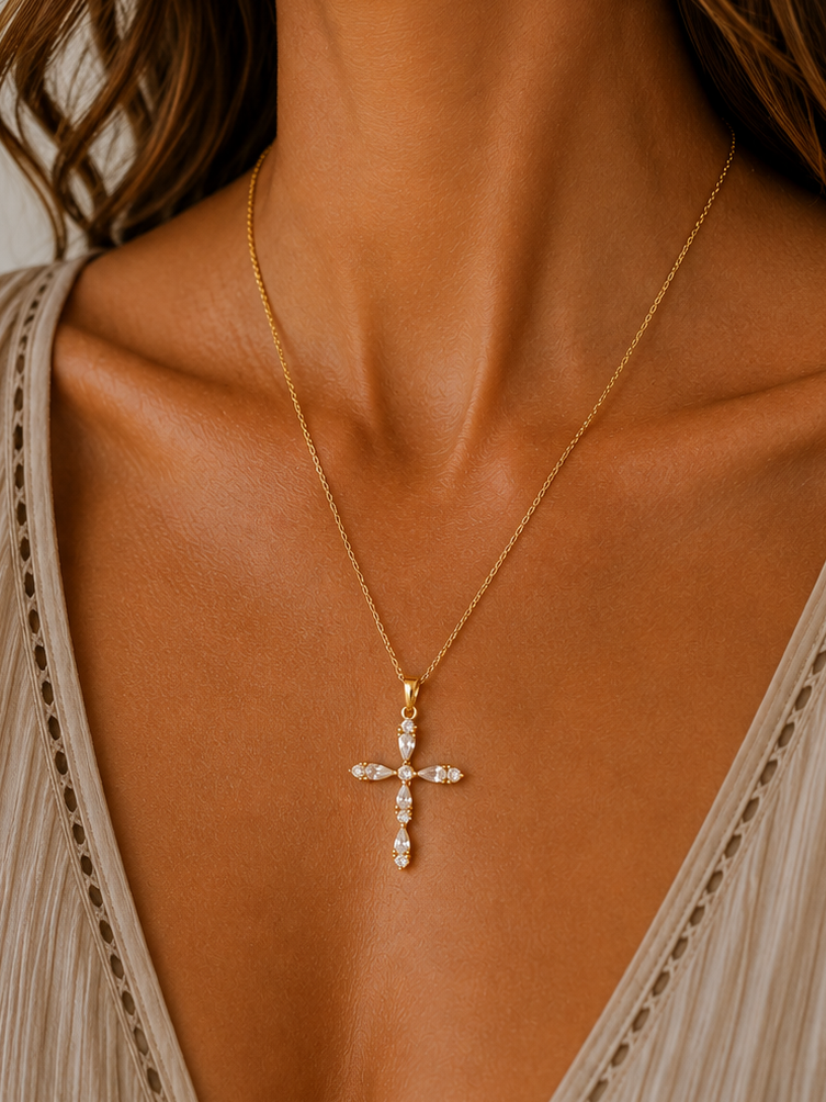 
                  
                    Seraphina Dainty Crystal Cross Necklace – Waterproof Gold-Plated Stainless Steel
                  
                