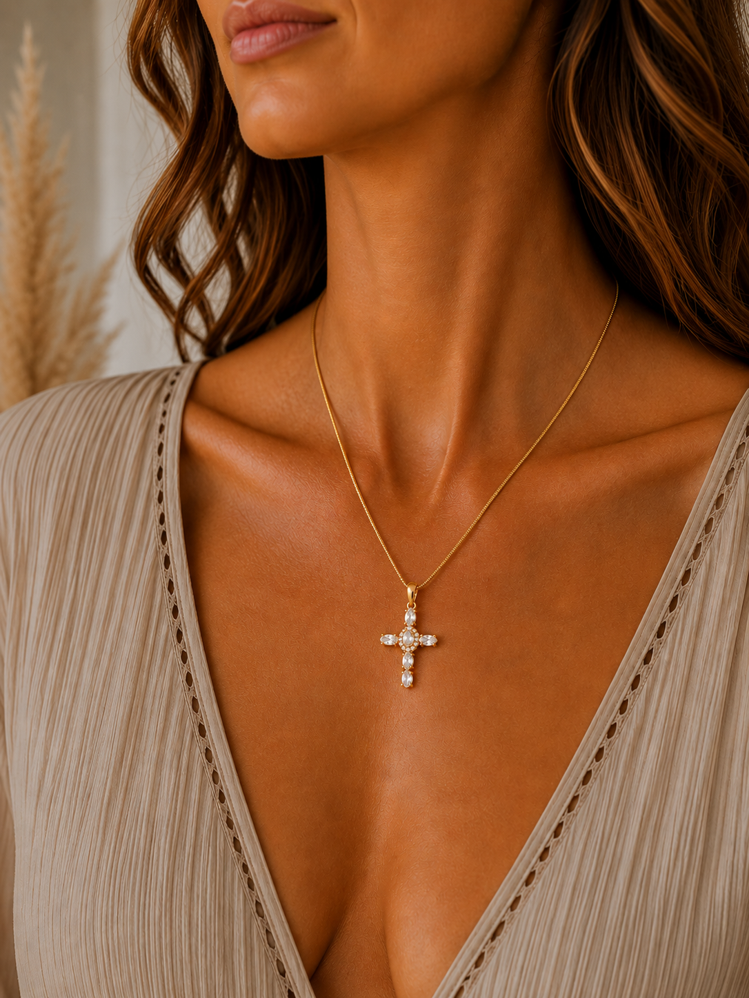 
                  
                    Celeste Crystal Cross Necklace – Waterproof Gold-Plated Stainless Steel
                  
                