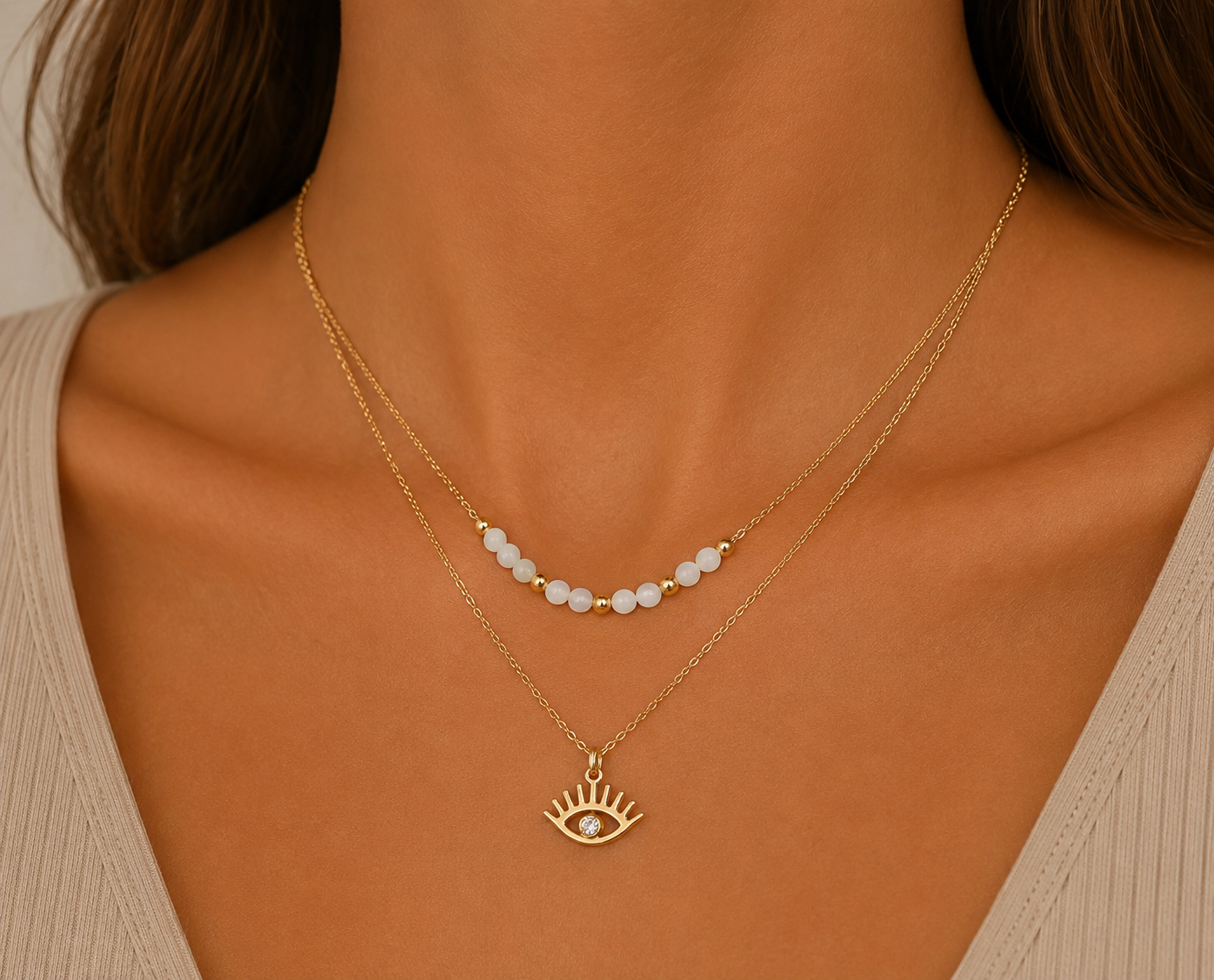 
                  
                    Luna Evil Eye Layered Necklace – Waterproof Gold-Plated Stainless Steel
                  
                