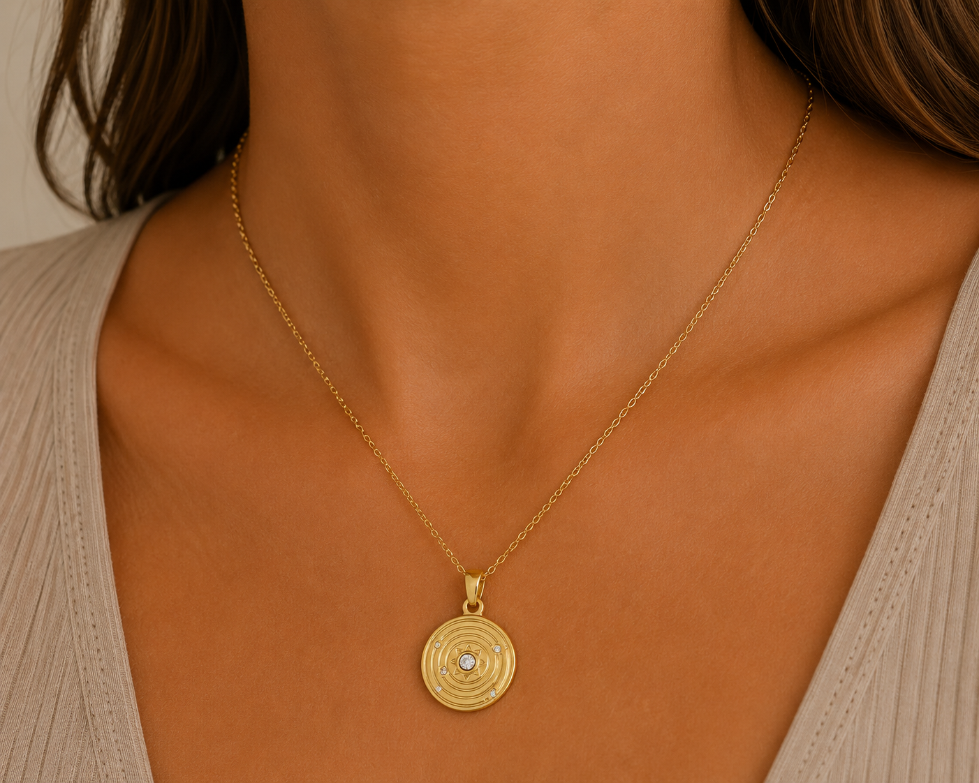 
                  
                    Solara Sun Medallion Necklace – Waterproof Gold-Plated Stainless Steel
                  
                