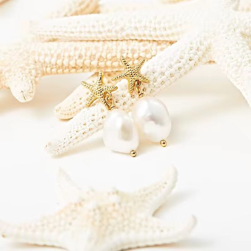 
                  
                    Pearl Estelle Earrings – Genuine Freshwater Pearl Starfish Drop Earrings
                  
                