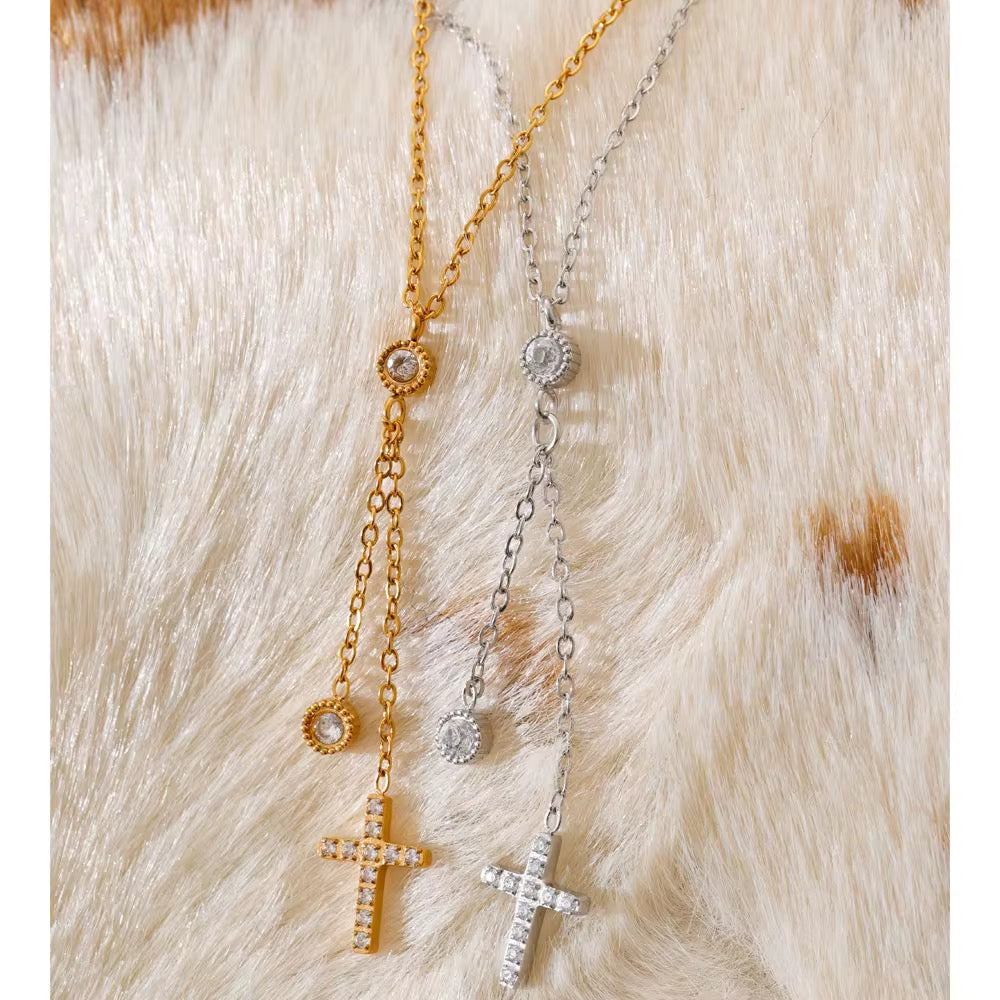 
                  
                    Celeste Crystal Cross Lariat Necklace – Waterproof Gold Necklace
                  
                