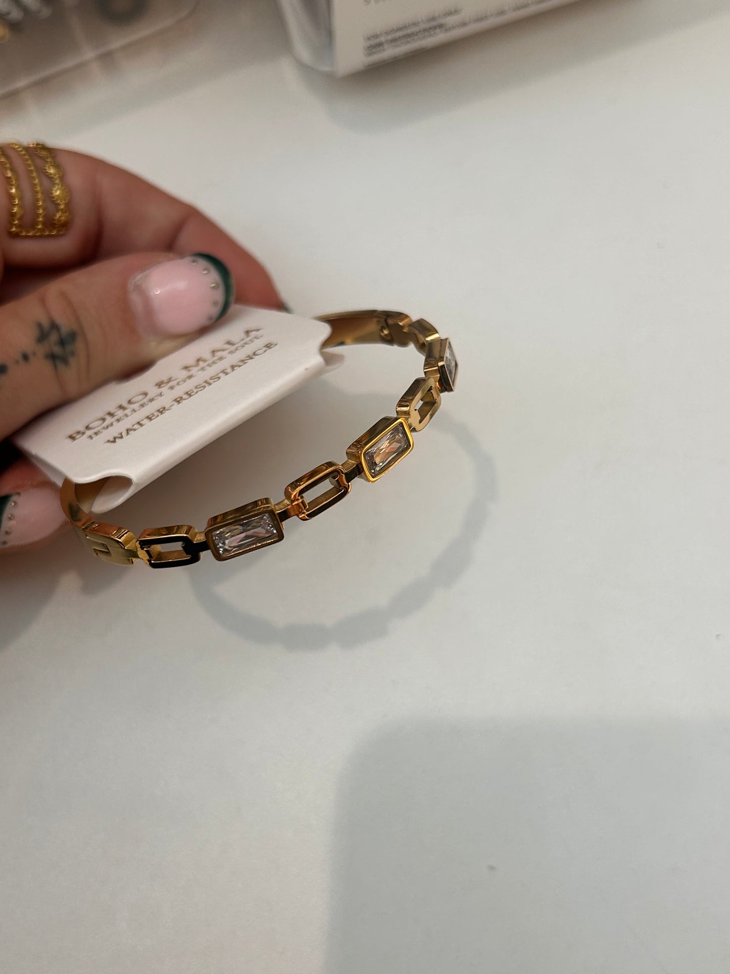 
                  
                    Sorella Gold Rectangular Crystal Link Bangle – Boho & Mala jewellery
                  
                