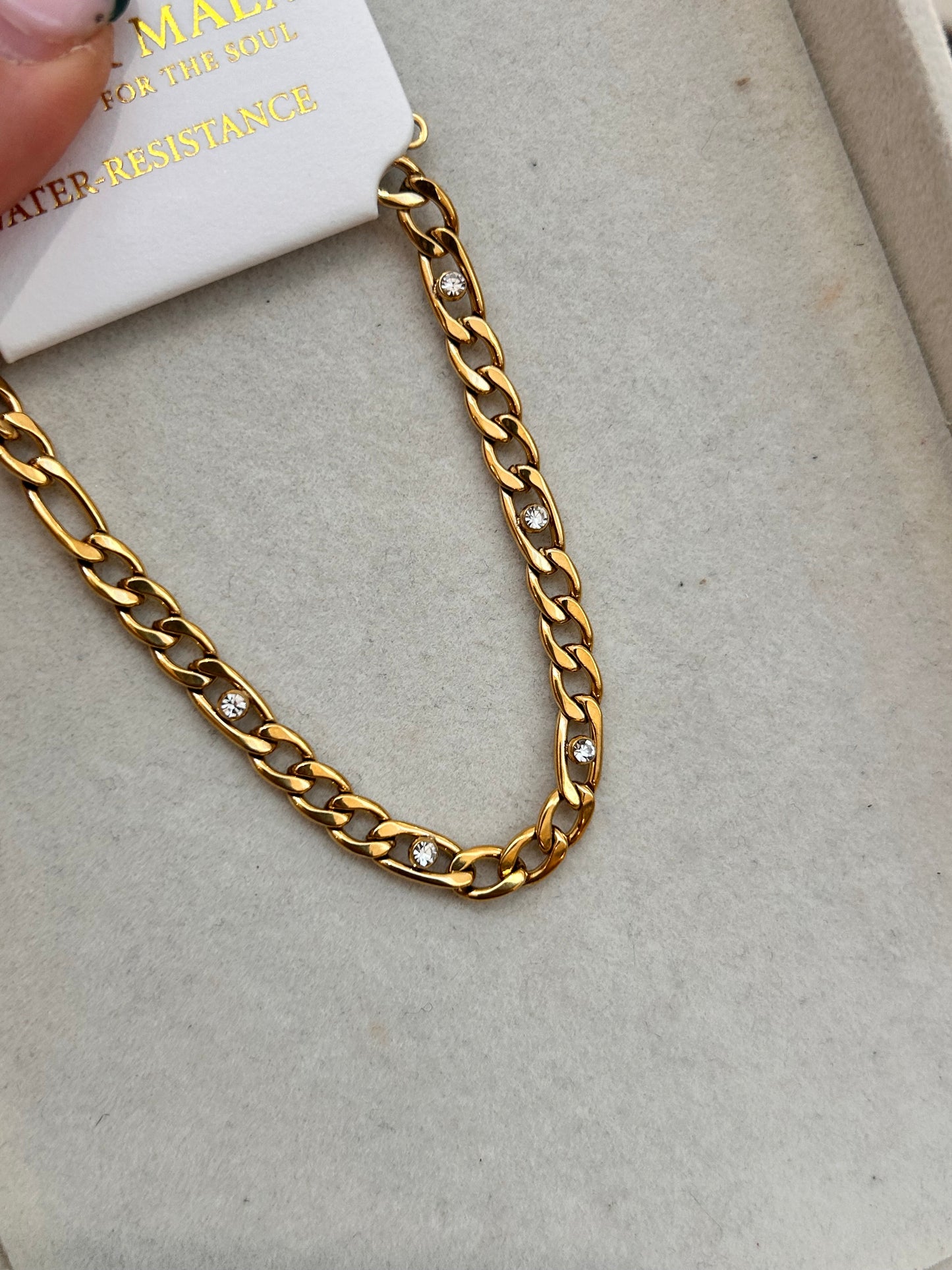 
                  
                    Clarisse Gold Crystal Figaro Bracelet – Boho & Mala jewellery
                  
                