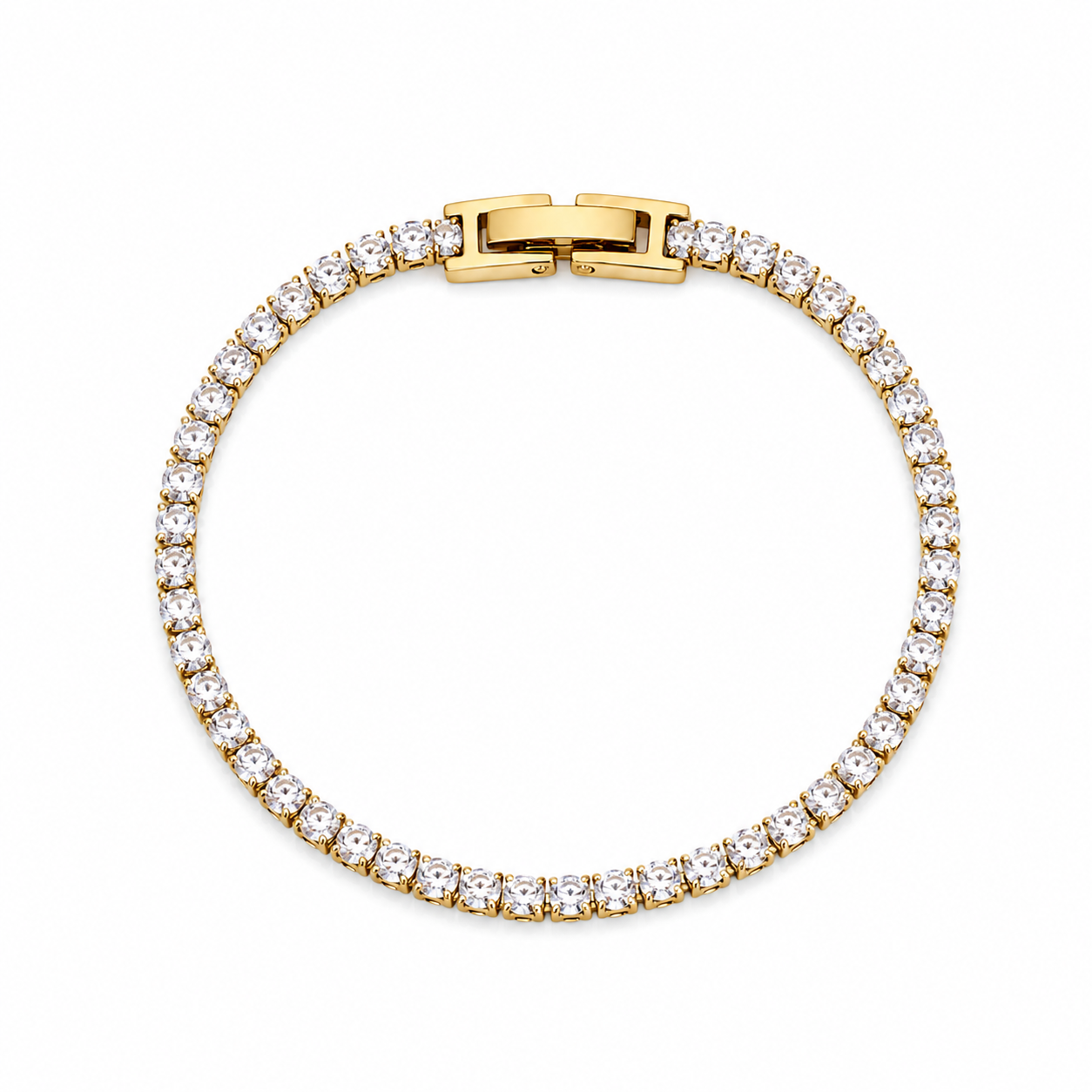 A gold tennis bracelet with a row of clear round-cut stones and a gold clasp, shown on a plain white background.