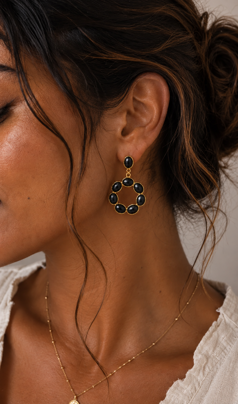 
                  
                    Boho model wearing Black Obsidian Soul genuine gemstone statement earring
                  
                