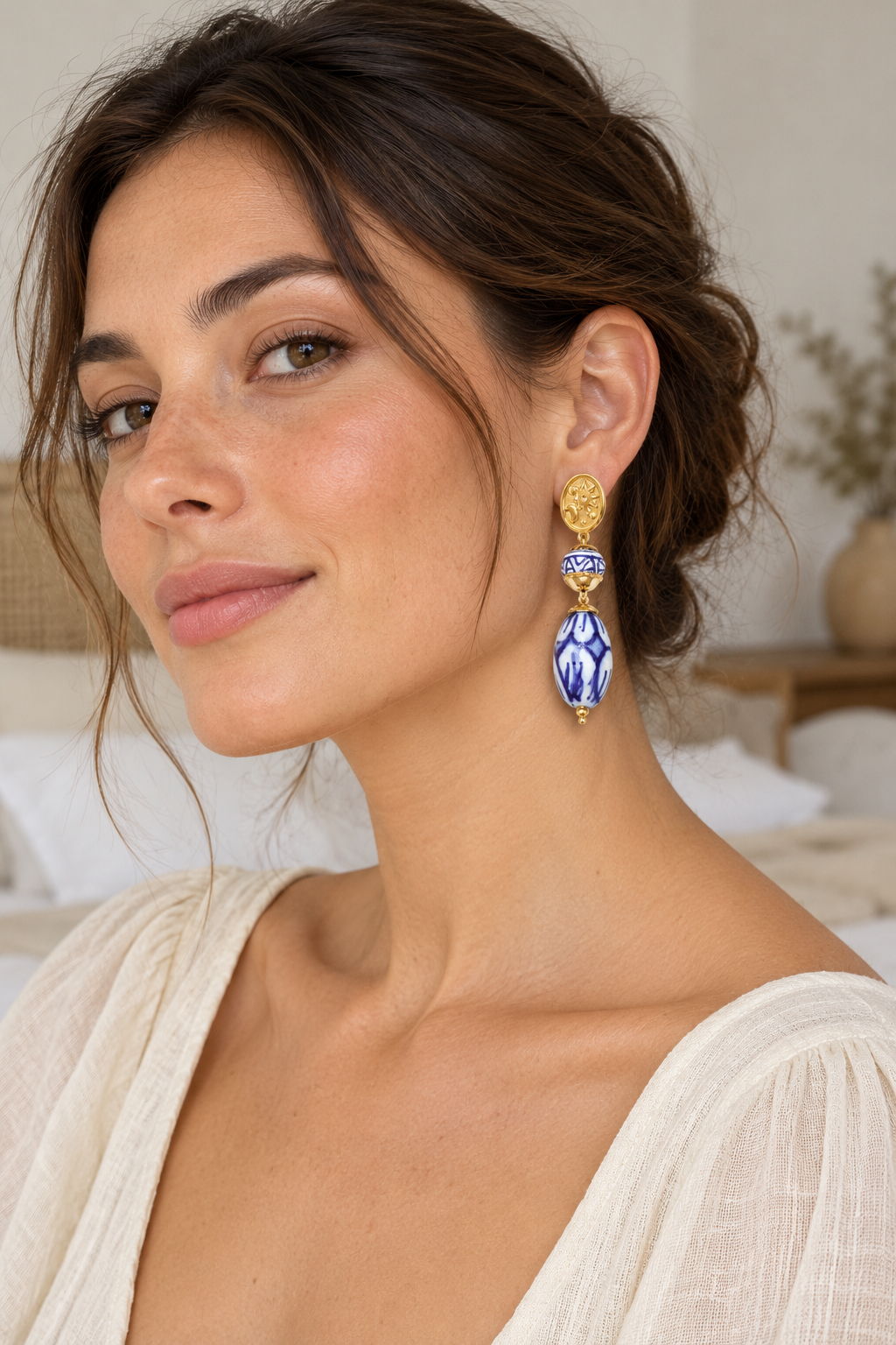 Blue & White Ceramic Celestial Drop Earrings — model