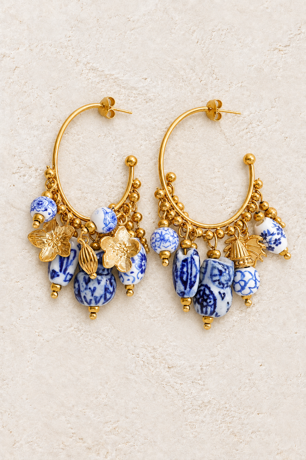Blue & White Ceramic Charm Hoop Earrings — hero