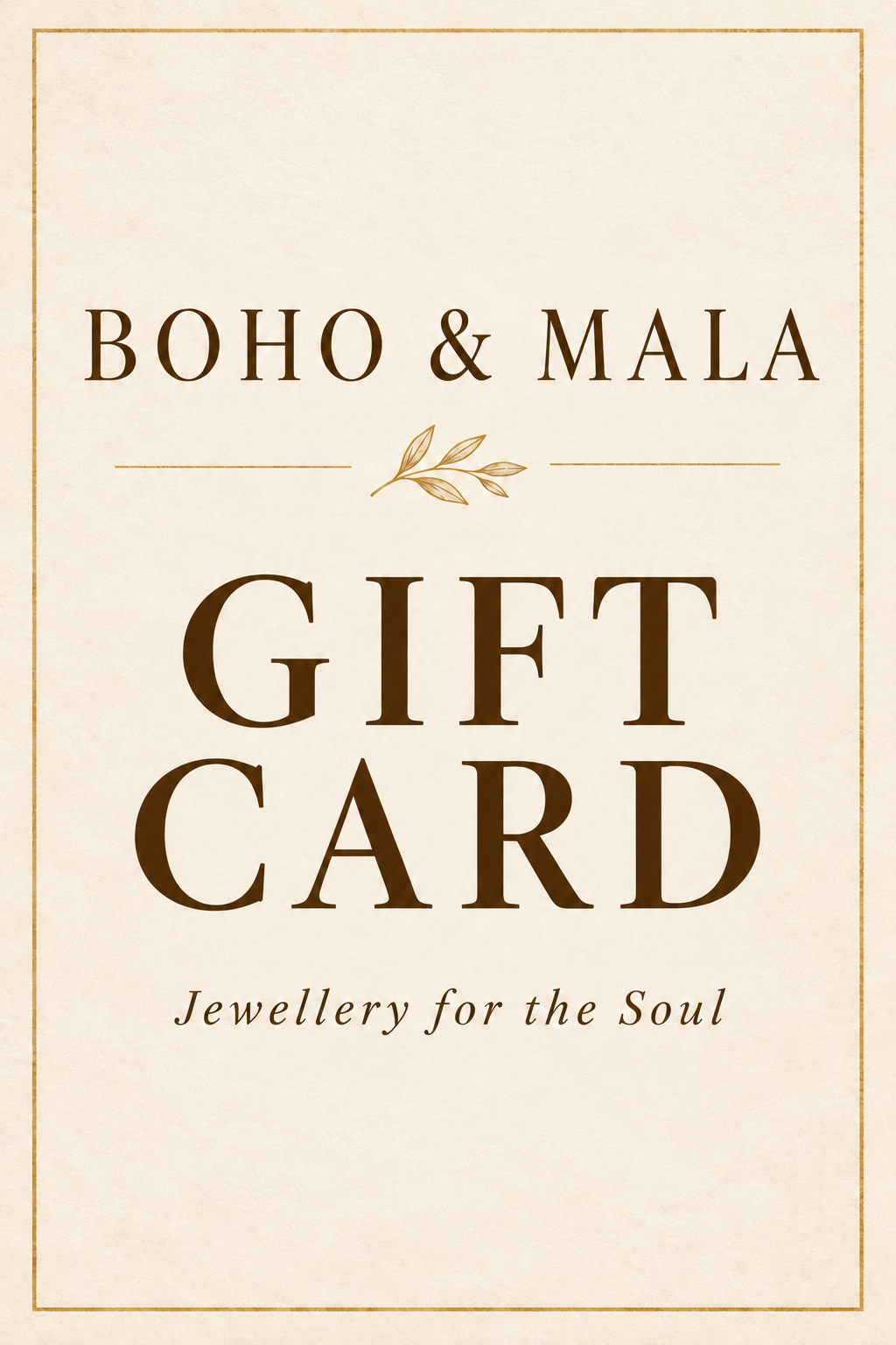 Boho & Mala gift card in ivory and gold, portrait design