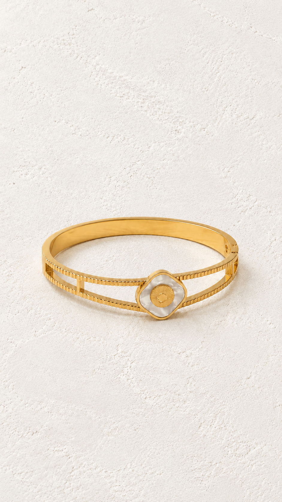 Lunaria Mother of Pearl Gold Bangle on Francesca's supplied original hero background