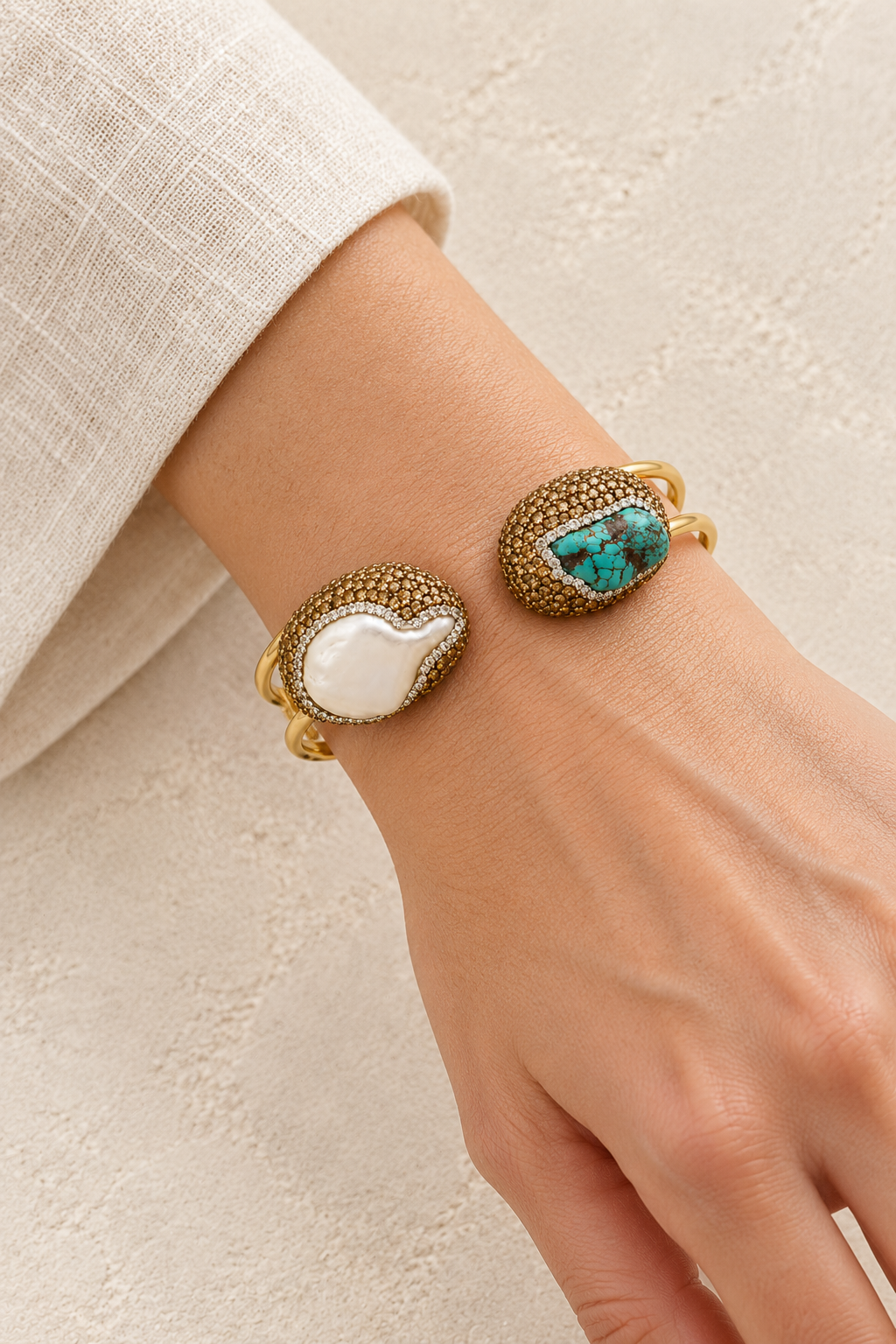 Model wearing Maristella Turquoise & Freshwater Pearl Cuff
