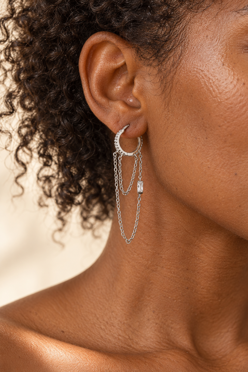 
                  
                    Model wearing Boho & Mala Huggies Sterling Silver Hoop Earrings DE100065
                  
                