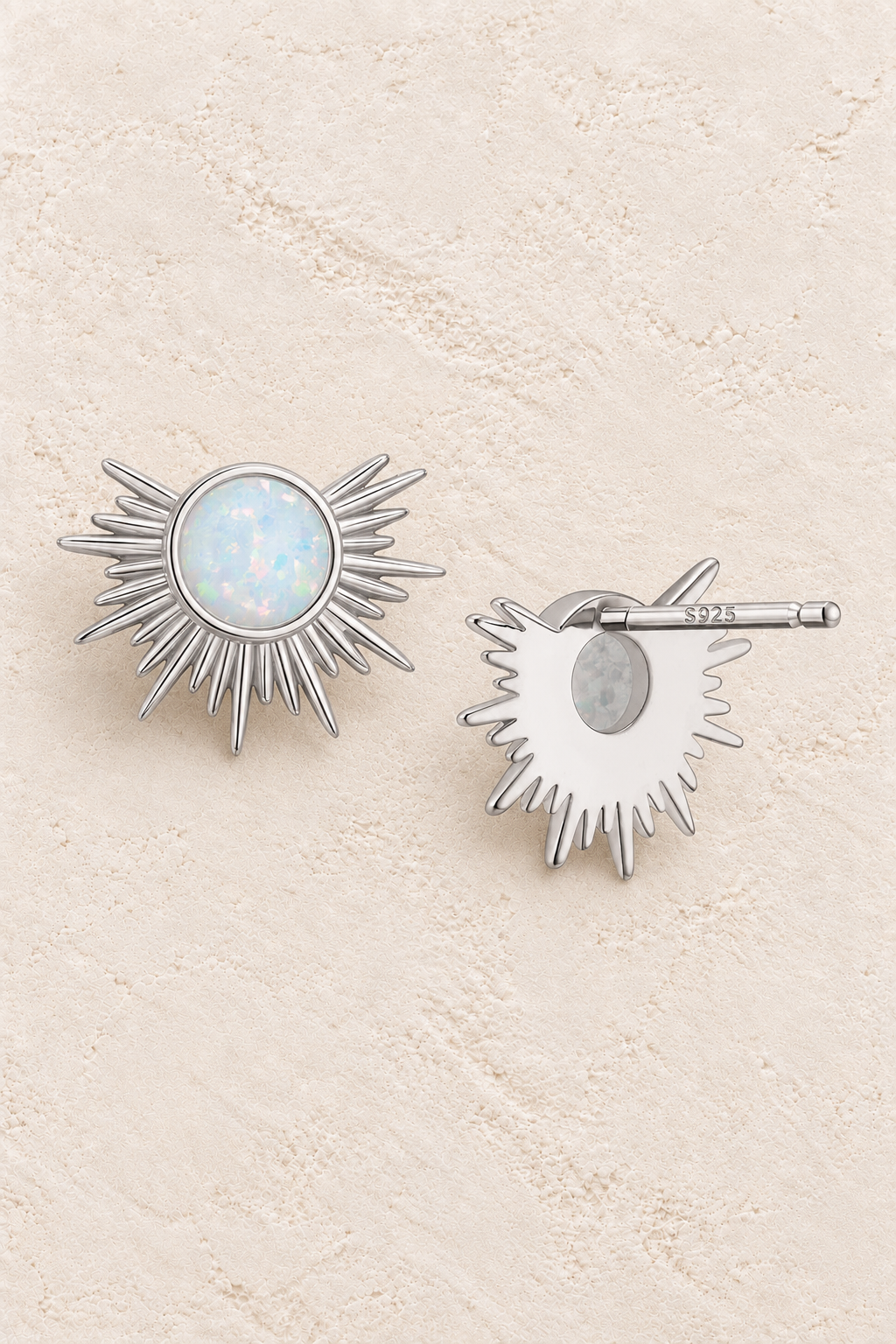 Boho & Mala Opal Sterling Silver Stud Earrings on warm cream textured background