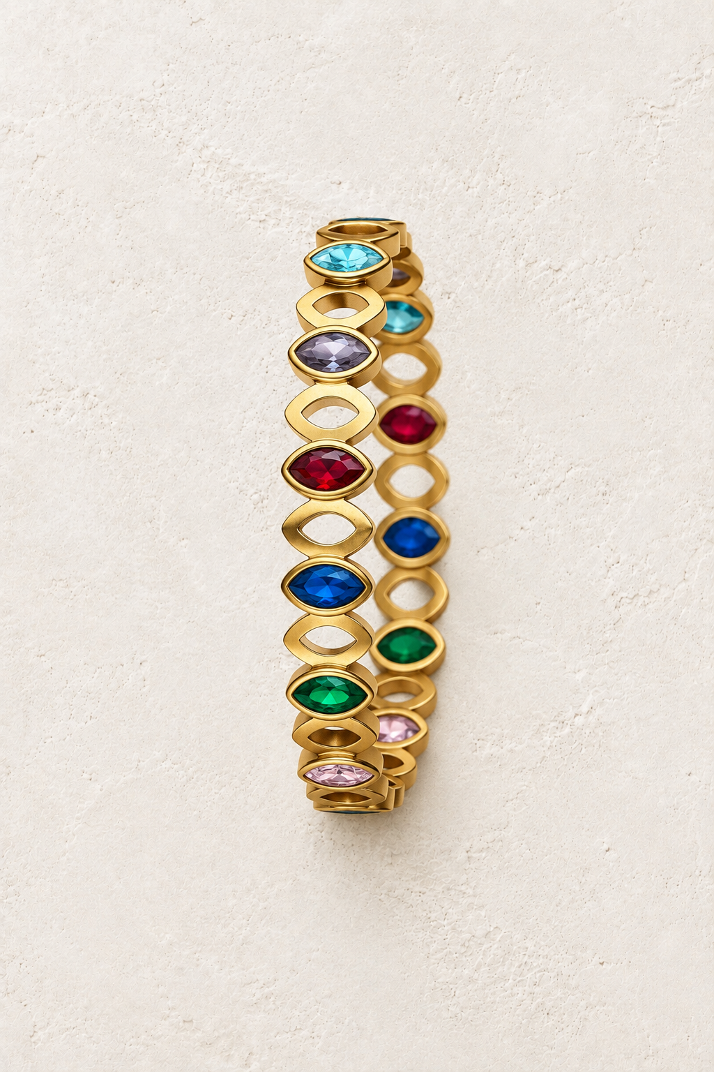 
                  
                    Gold Marquise Rainbow Crystal Bangle | Waterproof on ivory textured background
                  
                