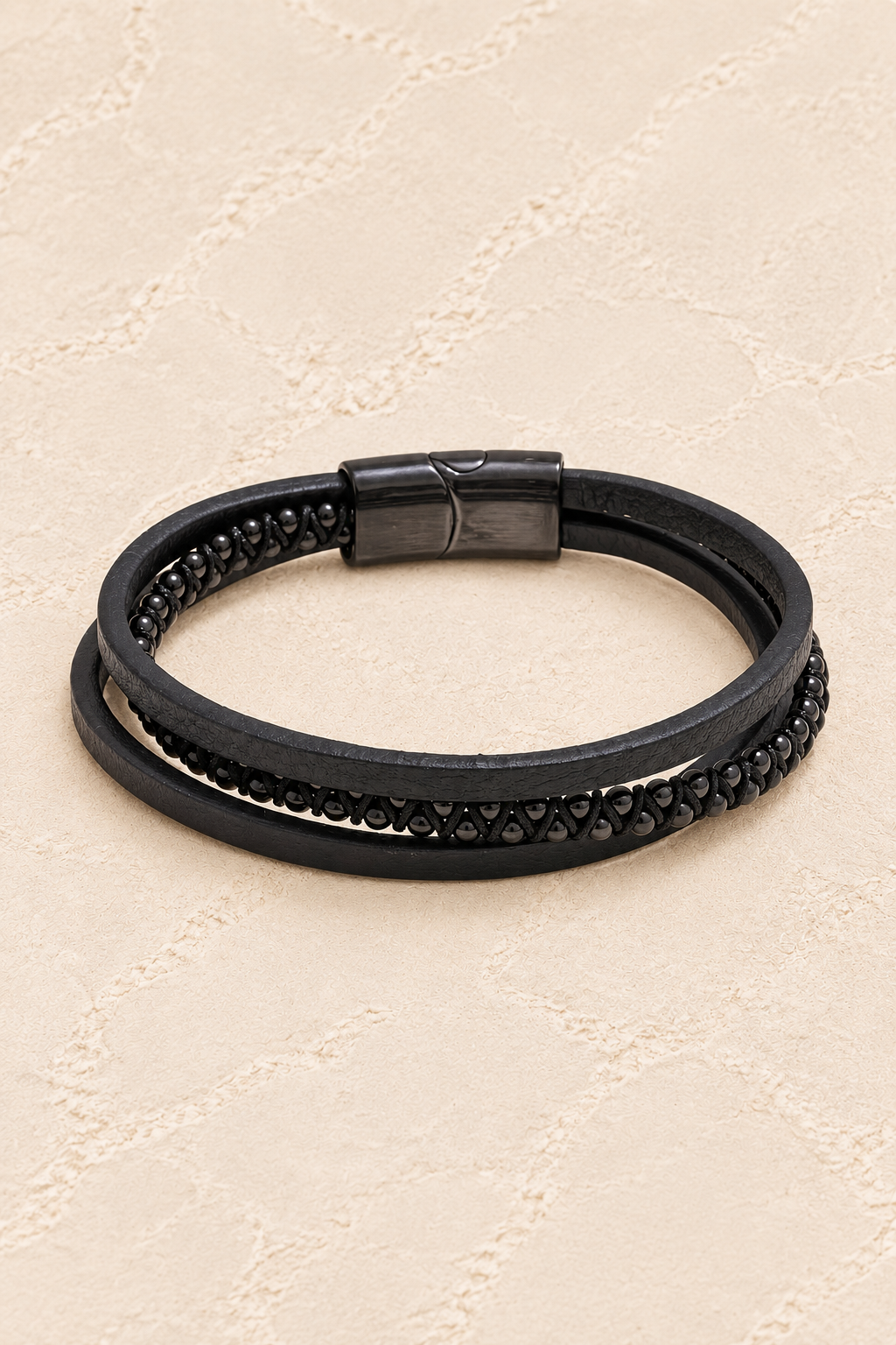 Men’s Black PU Leather & Stainless-Steel Bracelet 22cm on ivory plaster, tall product cover