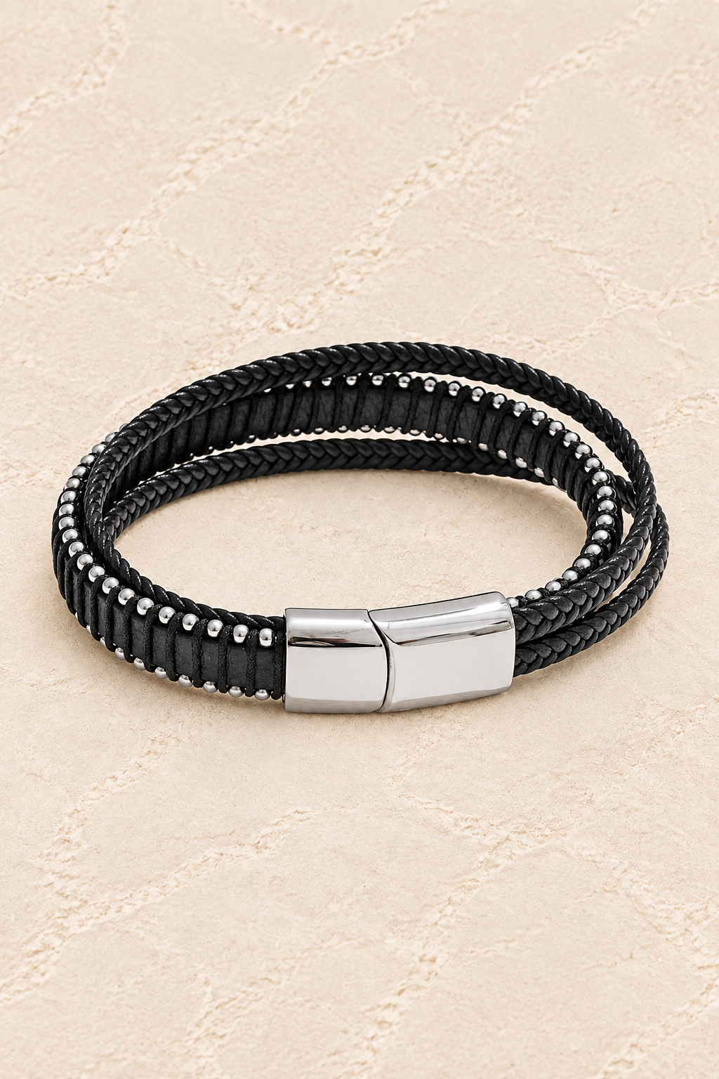 Men’s Black PU Leather & Stainless-Steel Bracelet 22cm on ivory plaster, tall product cover