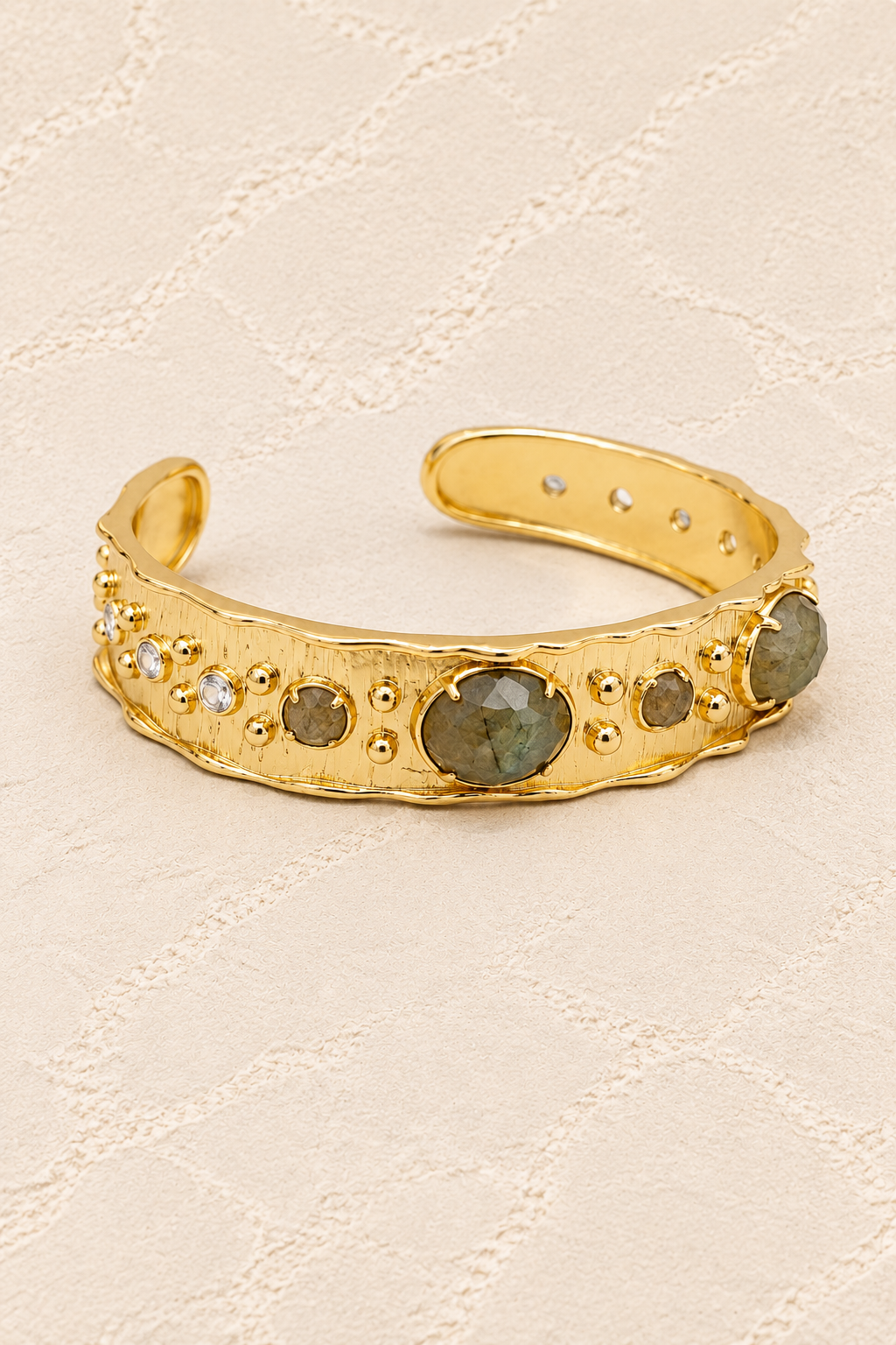 Labradorite Solara Cuff Bracelet on ivory plaster, tall product cover