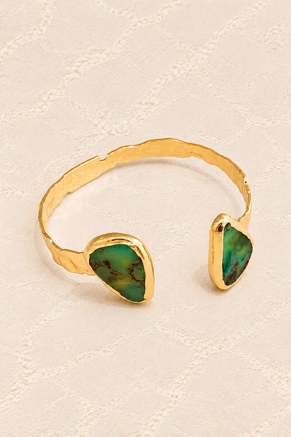 Mini Vedara Boho Brass & Gold Chrysoprase Statement Cuff Bracelet on ivory plaster, tall product cover