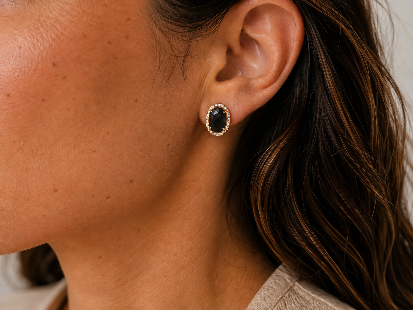 
                  
                    Boho model wearing Celestine Black Obsidian genuine gemstone stud earring
                  
                