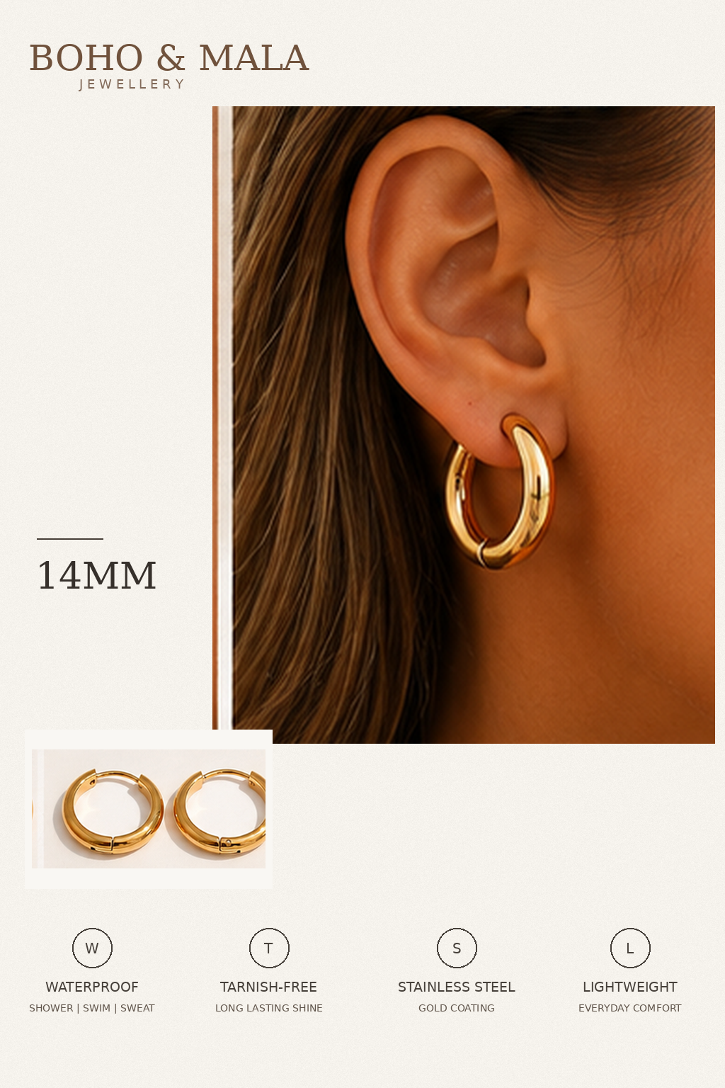 Classic Waterproof Hoop Earrings Gold 14mm on model