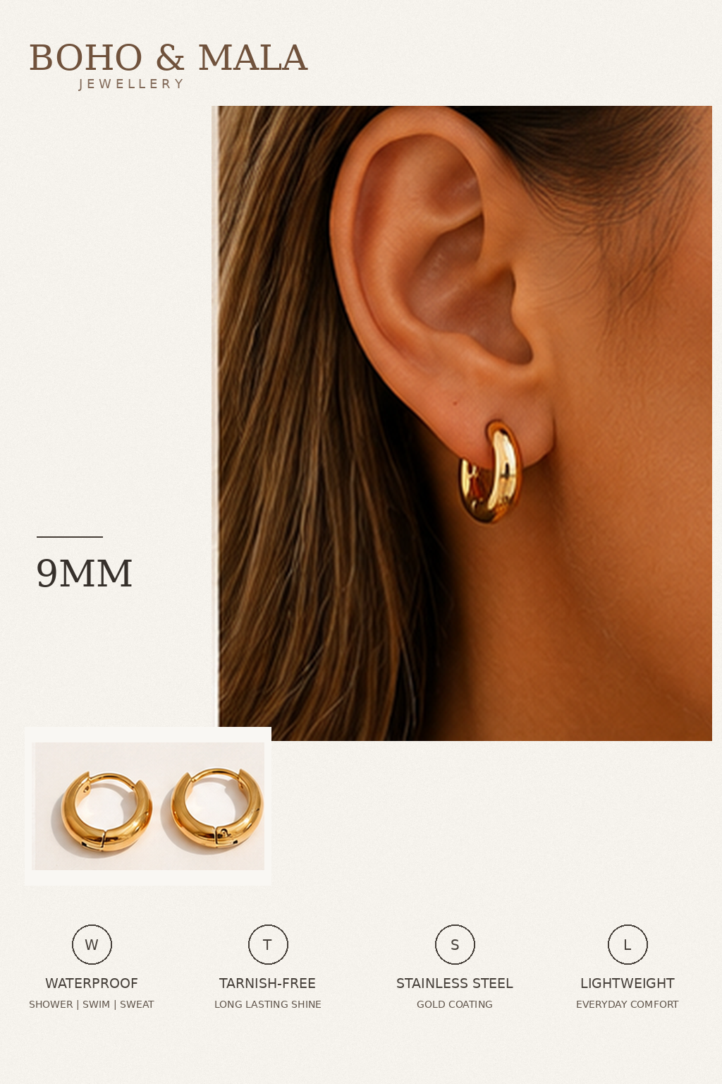 
                  
                    Classic Waterproof Hoop Earrings Gold 9mm on model
                  
                
