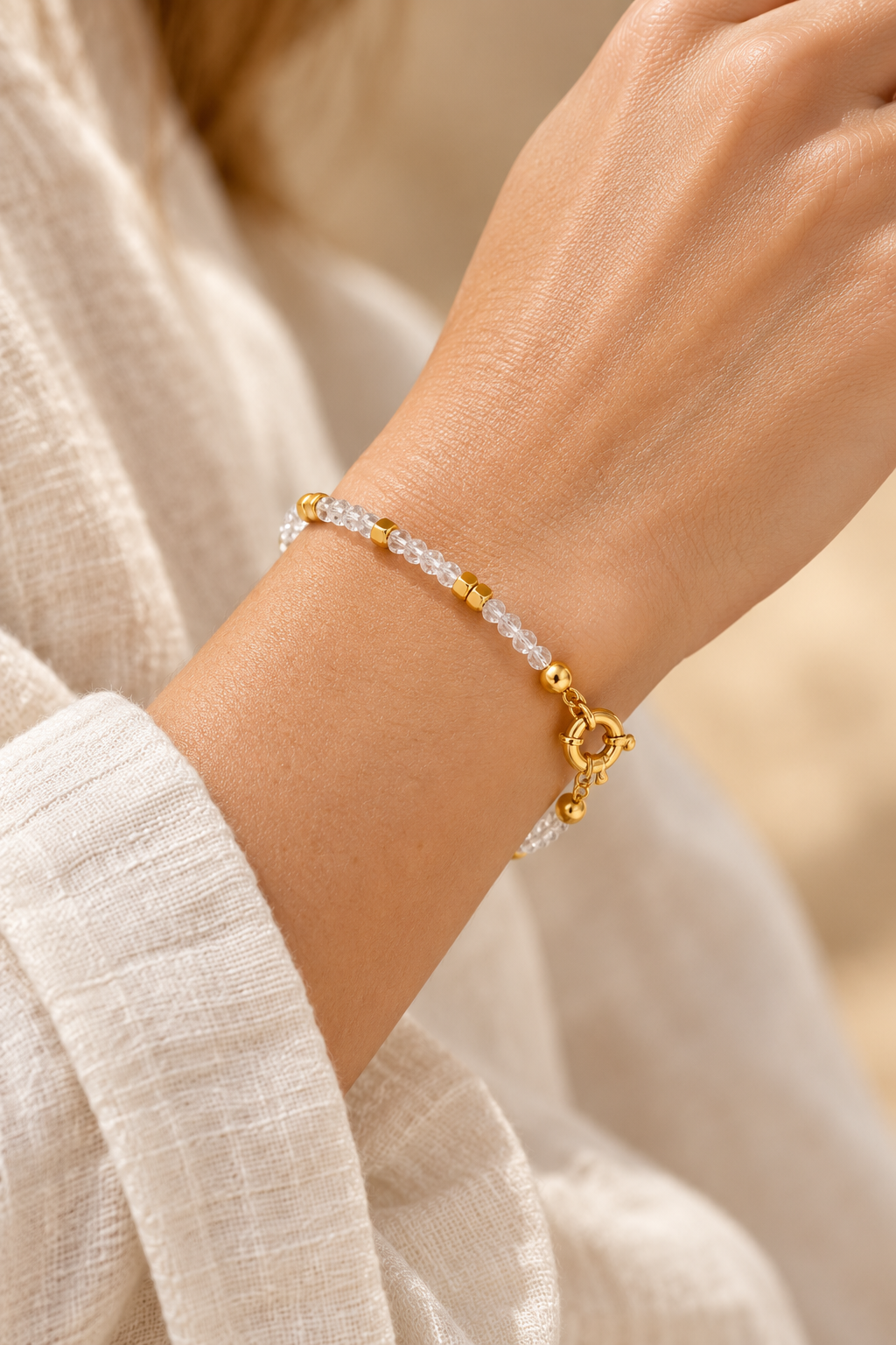 Clear Quartz Crystal Bracelet worn on a model's wrist