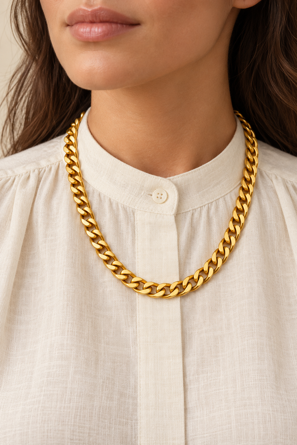 Cleo Gold Curb Chain Necklace worn on a model