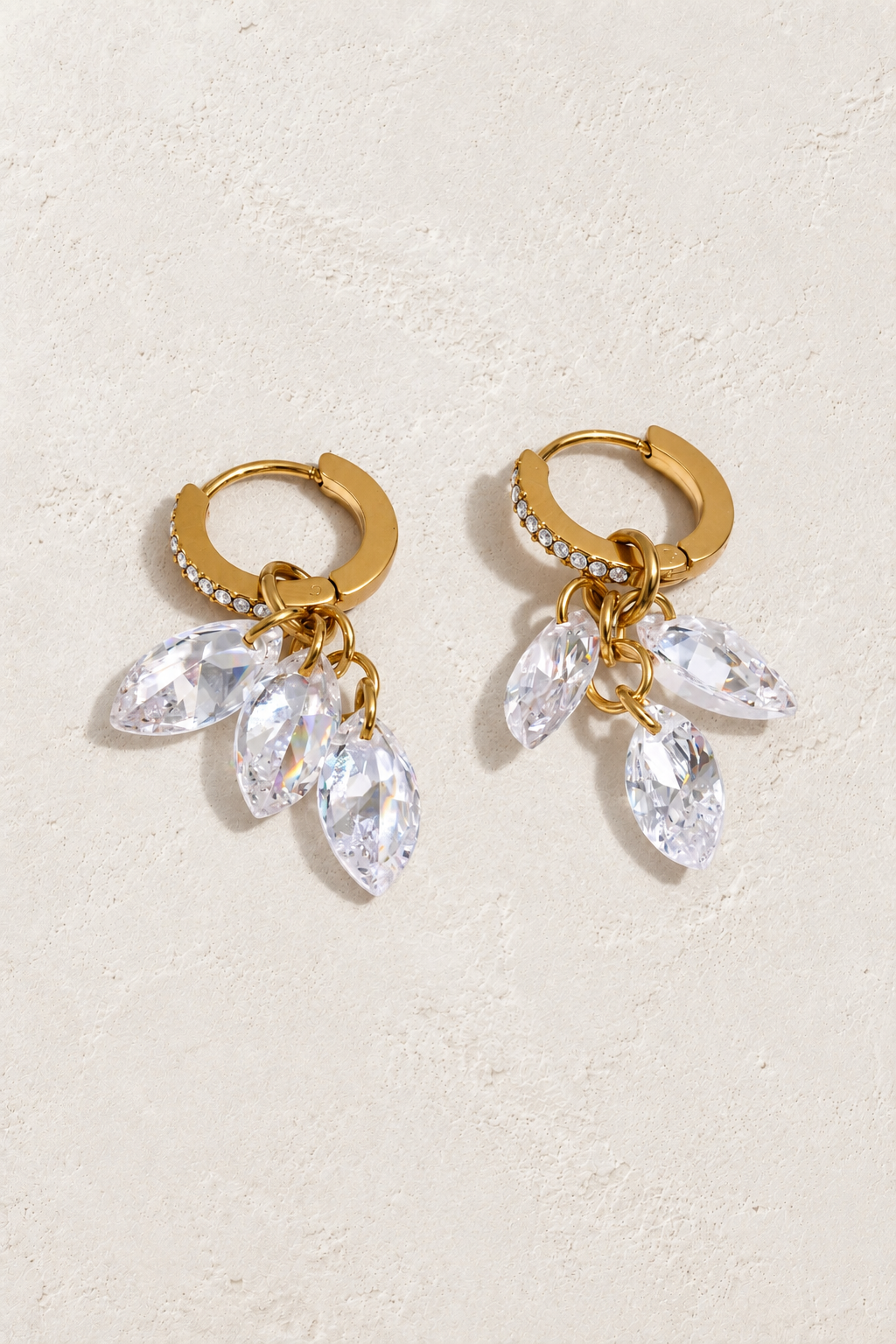 Gold Crystal Cluster Drop Hoop Earrings on Boho & Mala hero background