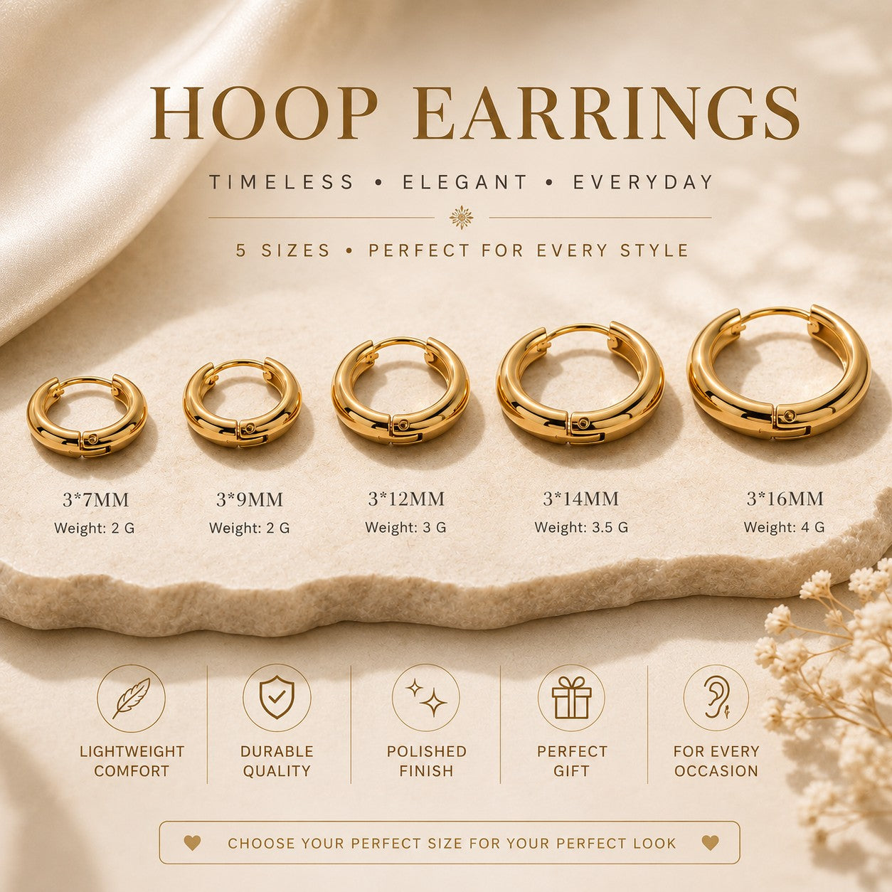 Gold hoop earrings size guide - five sizes shown