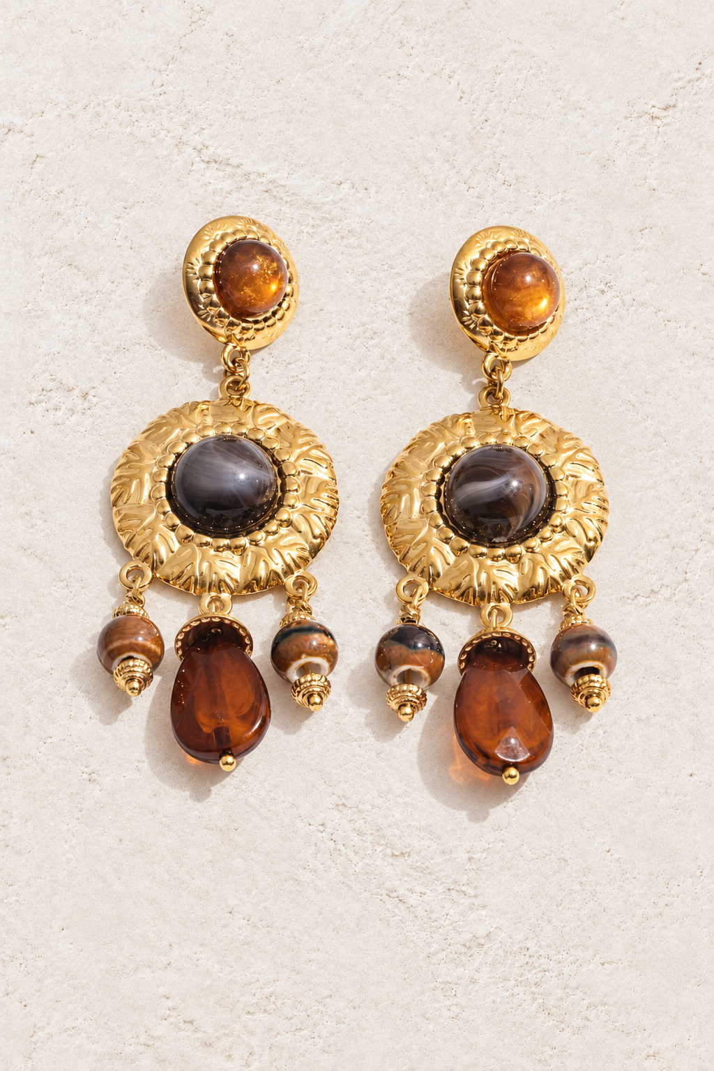 Gold Brown Resin & Ceramic Medallion Drop Earrings — hero