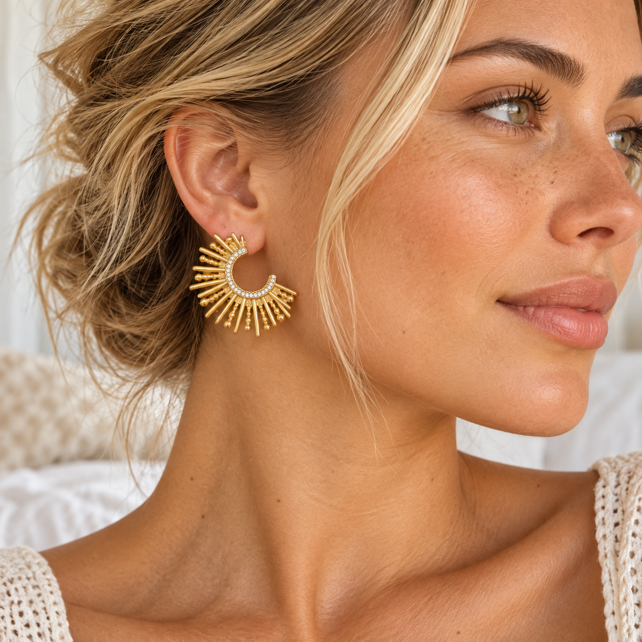 Gold Crystal Sunburst Hoop Earrings — model