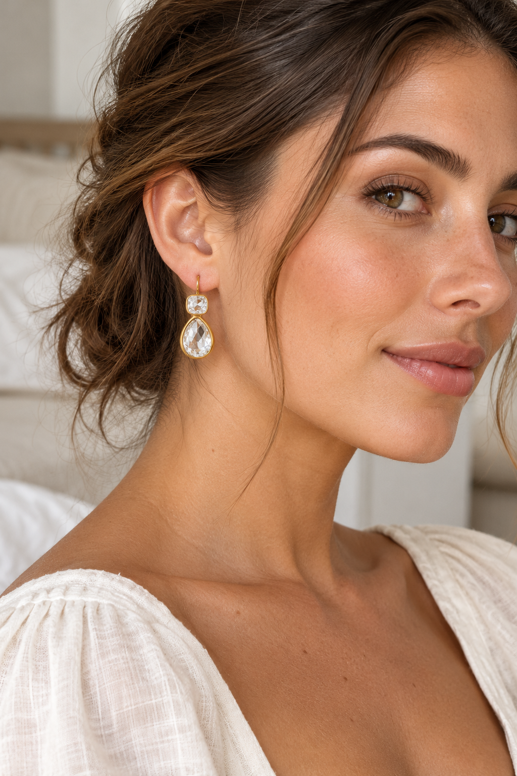Gold Double Crystal Teardrop Earrings — model