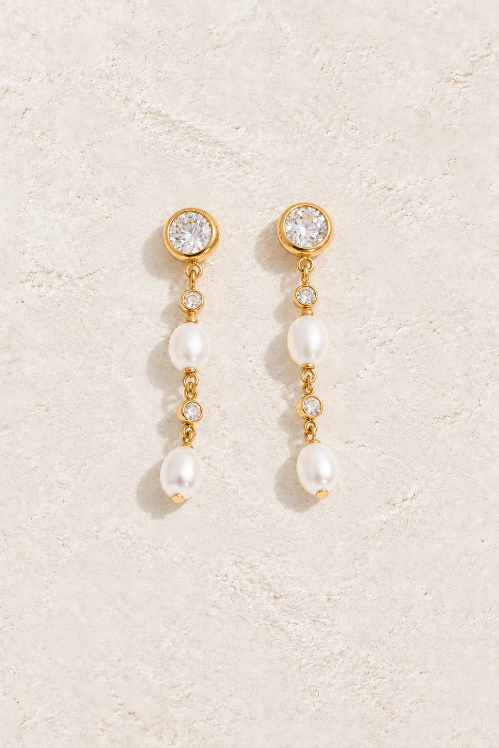 Gold Double Pearl & Crystal Drop Earrings — hero