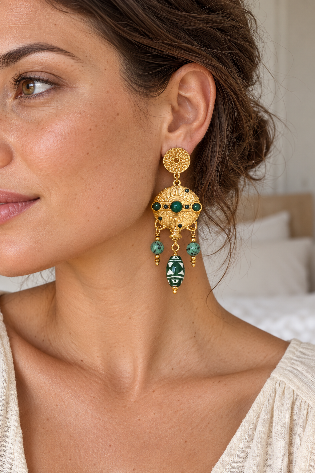 Gold Green Stone & Ceramic Medallion Earrings — model