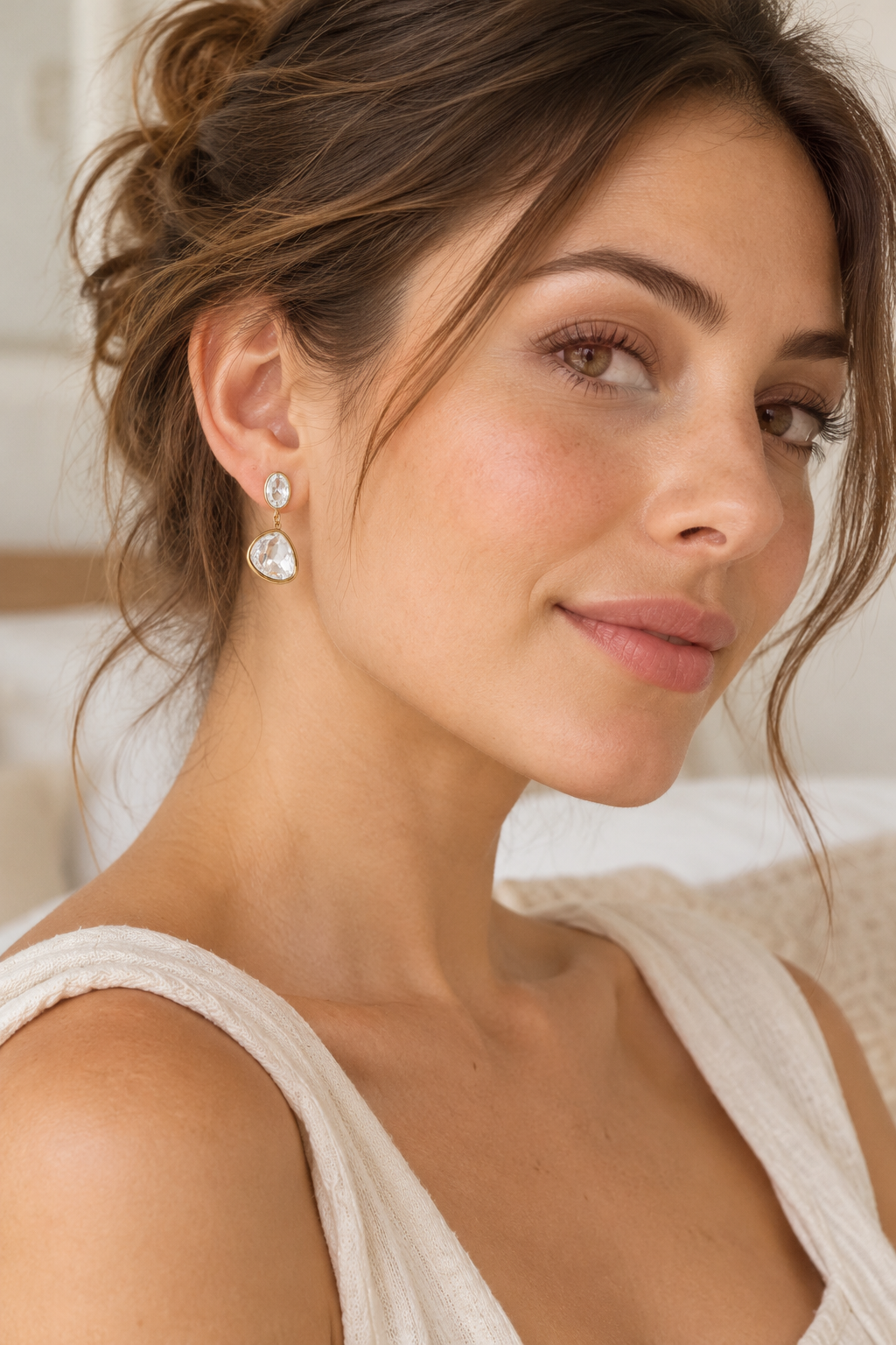Gold Organic Clear Crystal Drop Earrings — model