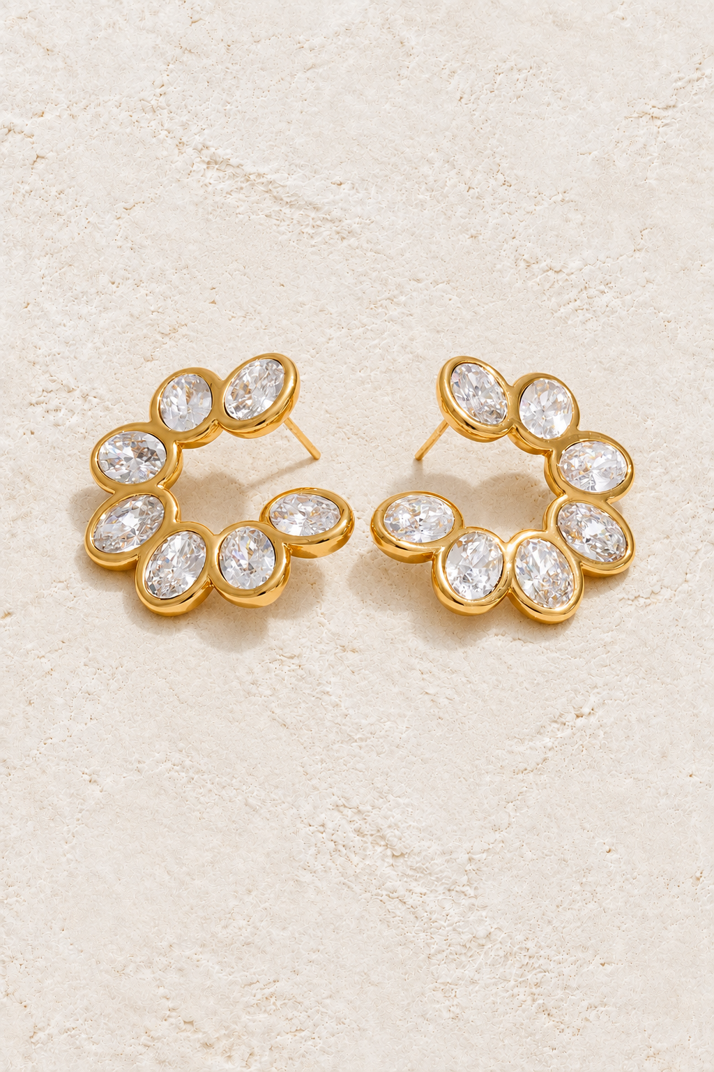 Gold Oval Crystal Crescent Hoop Earrings — hero
