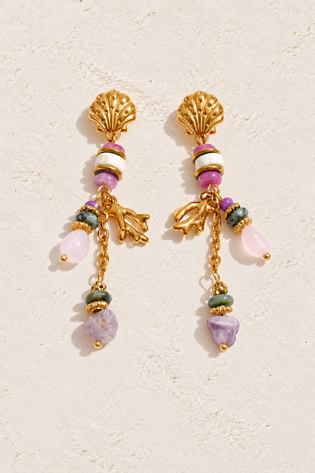 Gold Shell & Natural Stone Charm Earrings — hero