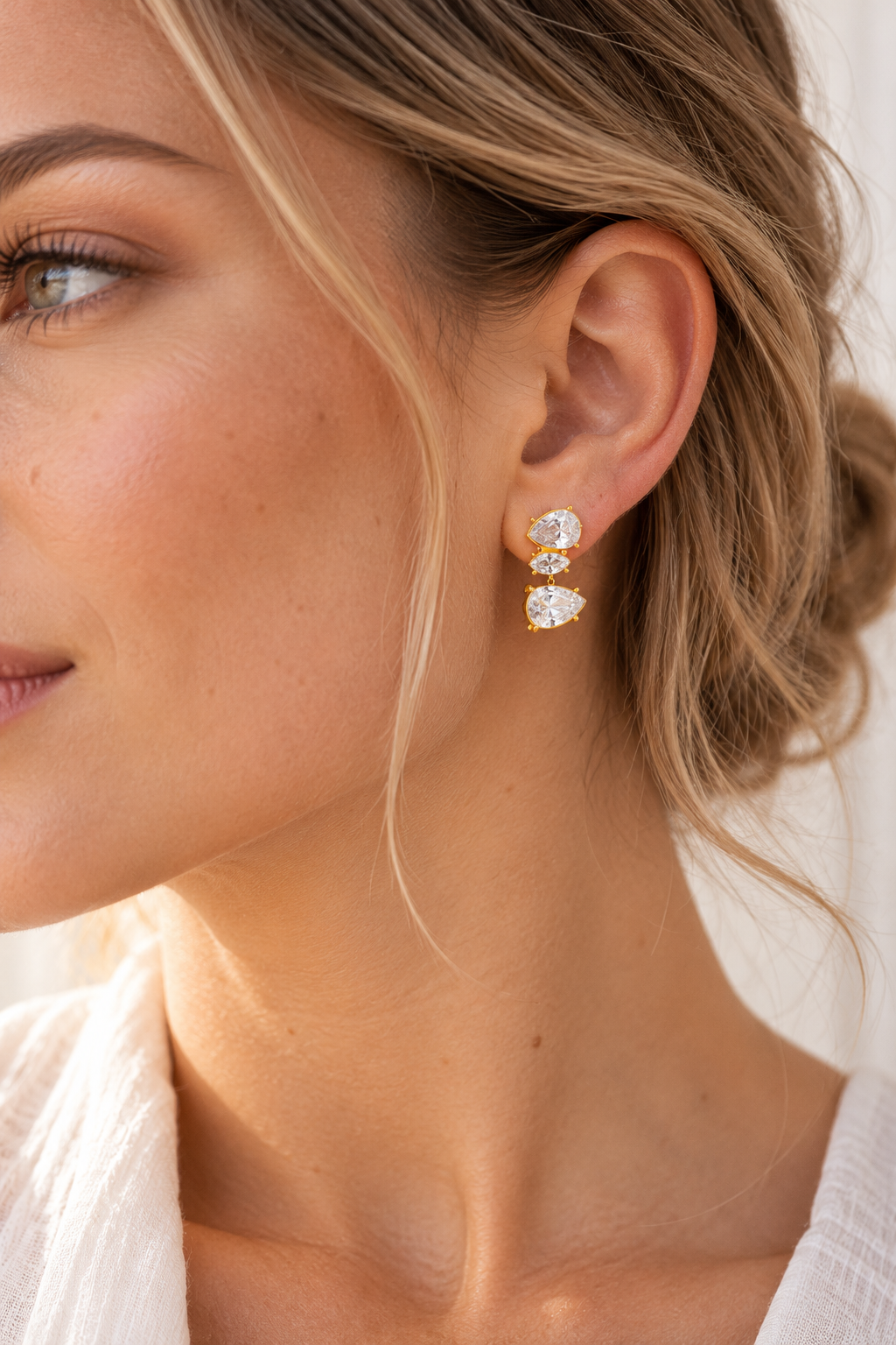 Gold Teardrop Crystal Trio Earrings — model