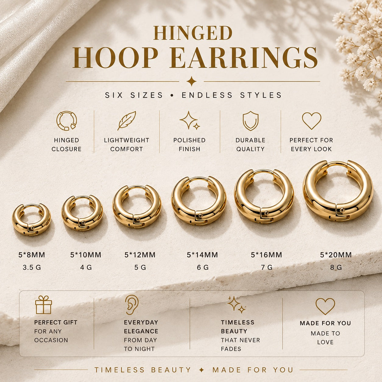 Gold hinged hoop earrings size guide - six sizes shown
